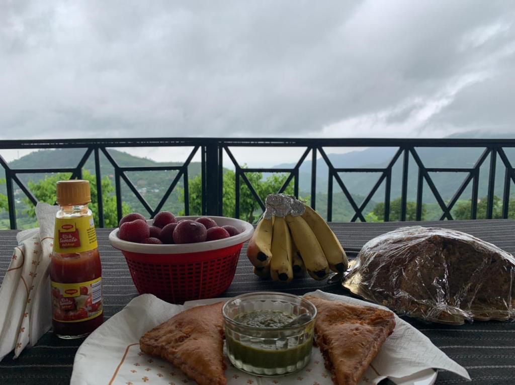 Panoramic view from Harmony Cottage homestay balcony in Bhimtal, showcasing lush green hills, serene skies, and peaceful surroundings.